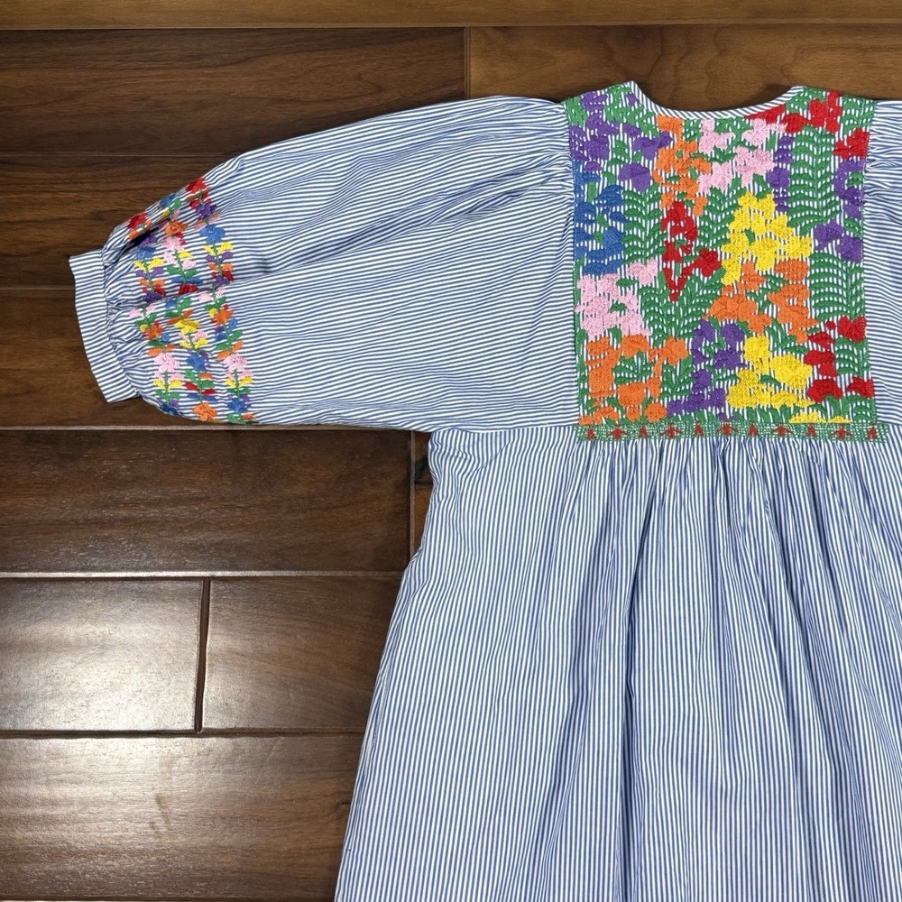 J.Marie Women's Size Small Blue White Striped Embroidered Tristen Midi Dress - Picture 10 of 13